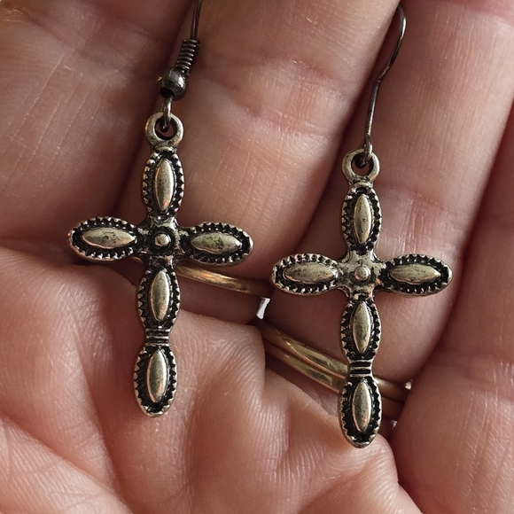 Southwestern cross earrings silver tone christian religious jewelry - Picture 2 of 13